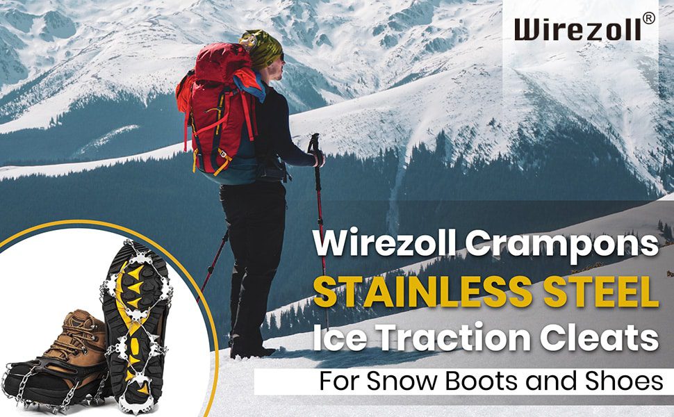 Wirezoll 1 Pair Anti-Slip Stainless Steel Ice Crampons Traction Cleat for Shoes and Boots for Men/Women Outdoor High Altitude Hiking Climbing etc. 