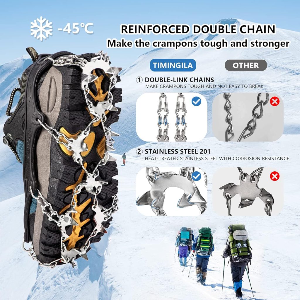 26 Spikes Crampons, TIMINGILA Ice Cleats Traction for Hiking Boots Shoes Women Men Kids, Traction Snow Grips for Hiking Fishing Walking Climbing Mountaineering