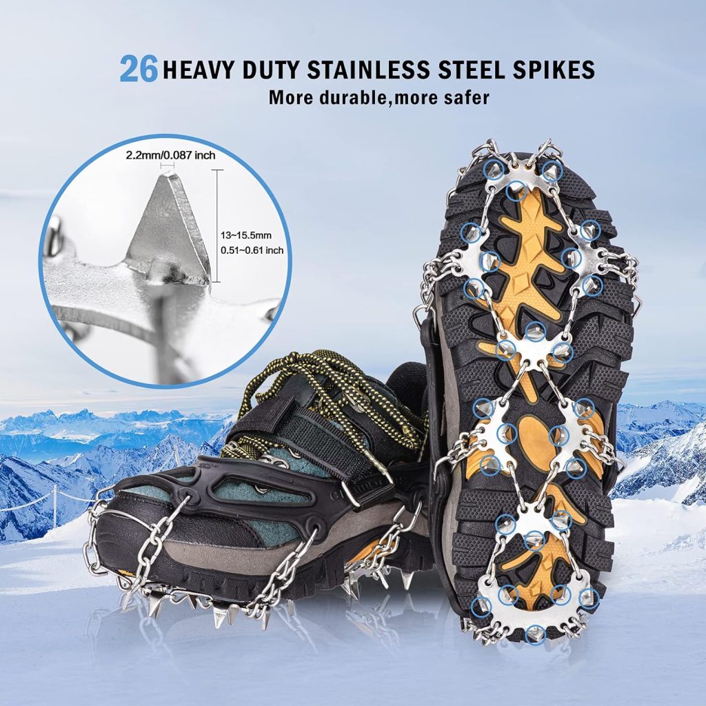 26 Spikes Crampons, TIMINGILA Ice Cleats Traction for Hiking Boots Shoes Women Men Kids, Traction Snow Grips for Hiking Fishing Walking Climbing Mountaineering