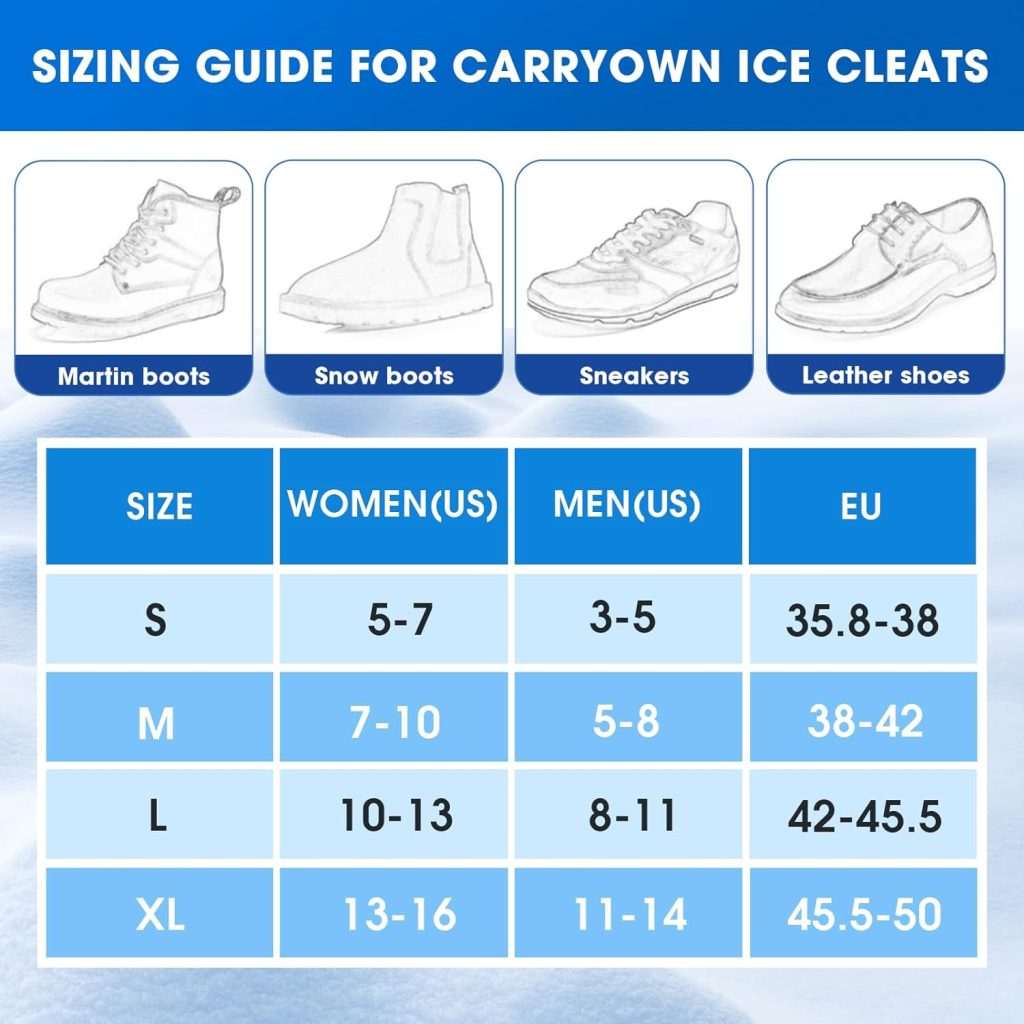 Carryown Ice Cleats for Boots Shoes, Ice Shoe Grips Anti Slip for Men Women, Rubber Snow Cleats, Spikes Crampons for Hiking Boots and Shoes + 10 Extra Replacement Studs (S, M, L, XL)