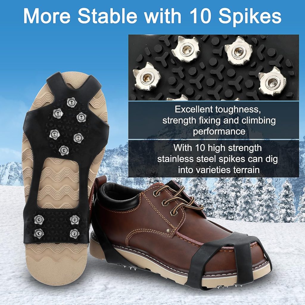 Crampons Ice Cleats for Shoes and Boots, Traction Cleats Ice Snow Grips with 10 Stainless Steel Spikes, Winter Outdoor Anti-Slip Crampon for Walking, Fishing, Climbing and Hiking