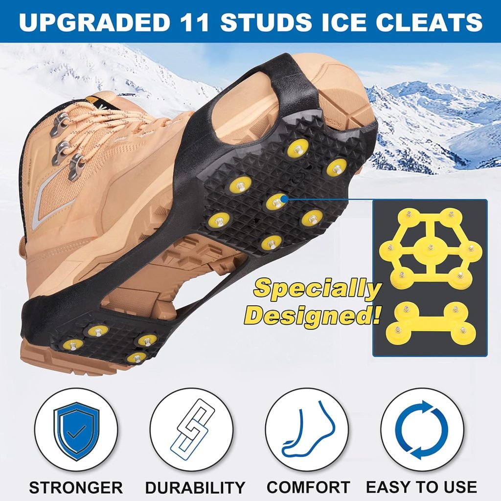 Ice Snow Traction Cleats Over Shoes/Boots Anti Slip Crampons Grippers for Walking on Snow  Ice Upgrade 11 Steel Studs Ice Cleats Rubber Stretch Footwear for Women Men Kids Hiking Climbing Fishing