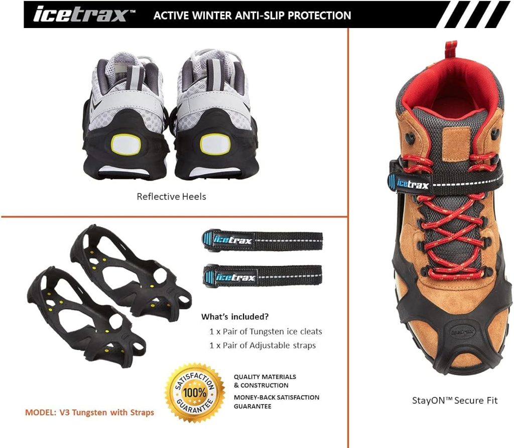 ICETRAX V3 Tungsten Crampons with Straps Combo Pack, Ice Cleats for Shoes and Boots - Ice Grips for Snow and Ice, Non-Slip Shoe Grippers with Reflective Heel