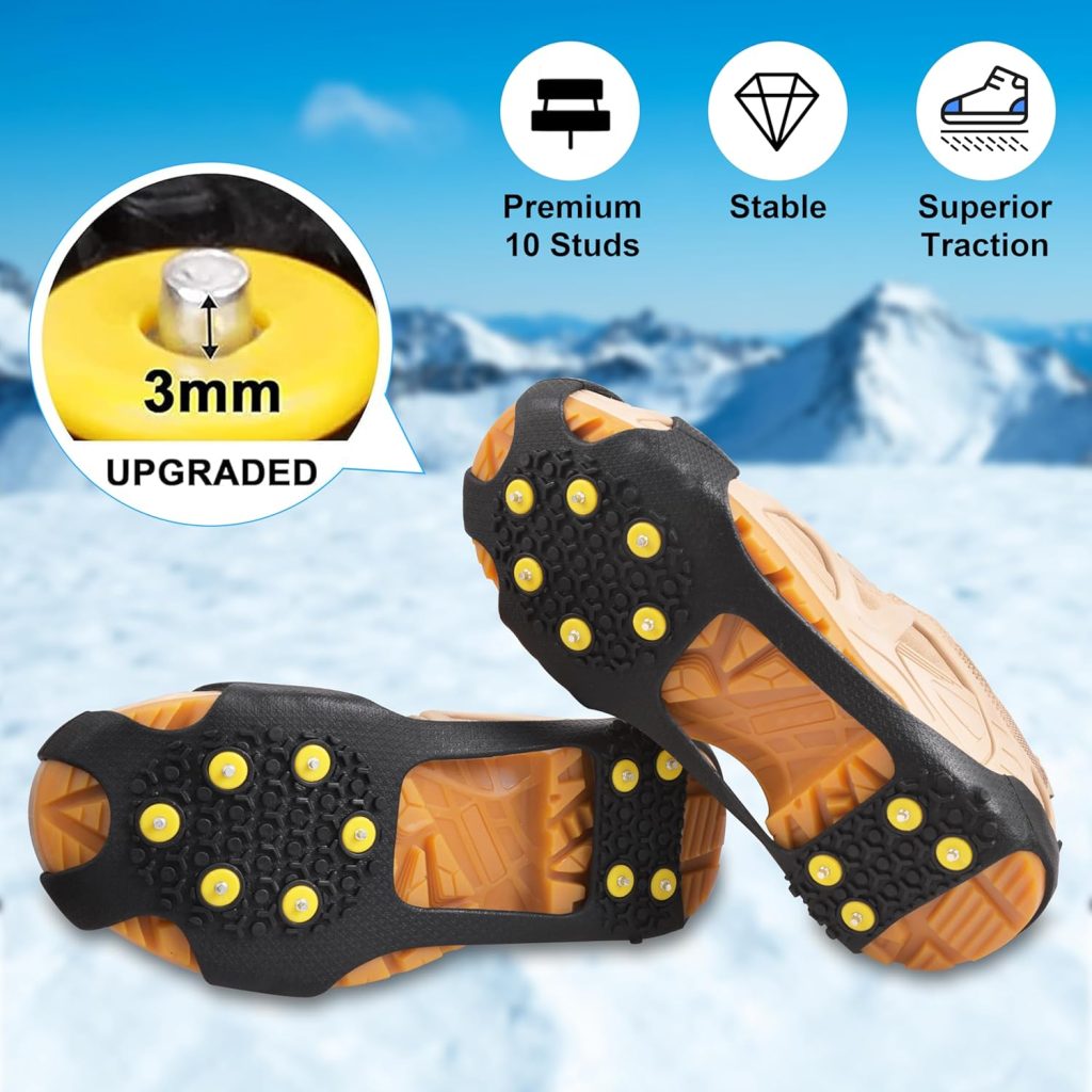 Ice Cleats for Shoes and Boots Ice Snow Grippers Anti-Slip Crampons 10 Studs Traction Cleat for Women Men Kids Hiking Fishing Walking Running Jogging