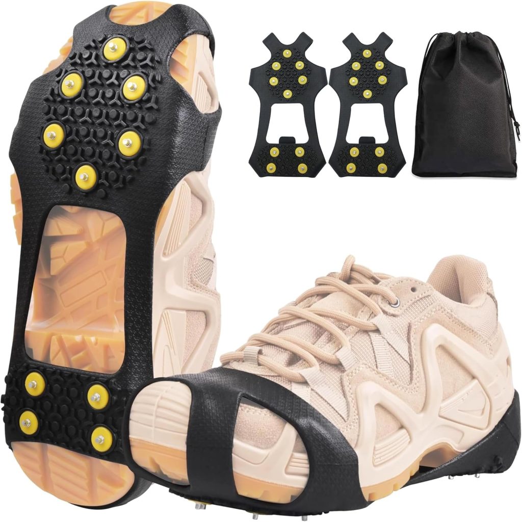 Ice Cleats for Shoes and Boots Ice Snow Grippers Anti-Slip Crampons 10 Studs Traction Cleat for Women Men Kids Hiking Fishing Walking Running Jogging