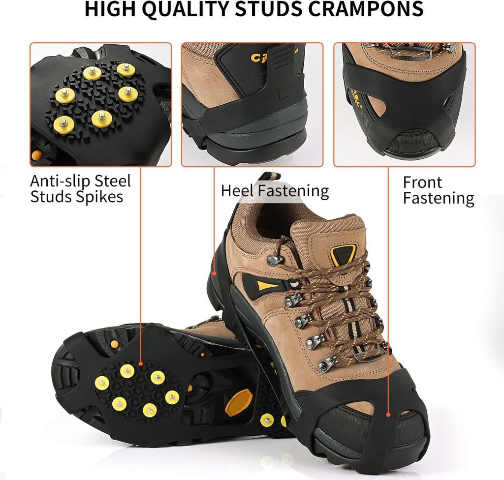 Ice Cleats, Ice Grips Traction Cleats Grippers Non-Slip Over Shoe/Boot Rubber Spikes Crampons with 10 Steel Studs Crampons + 10 Extra Replacement Studs