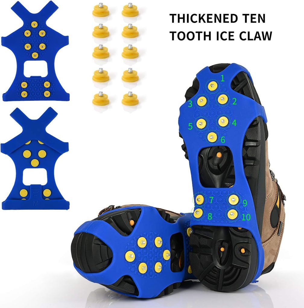 Ice Cleats, Ice Grips Traction Cleats Grippers Non-Slip Over Shoe/Boot Rubber Spikes Crampons with 10 Steel Studs Crampons + 10 Extra Replacement Studs