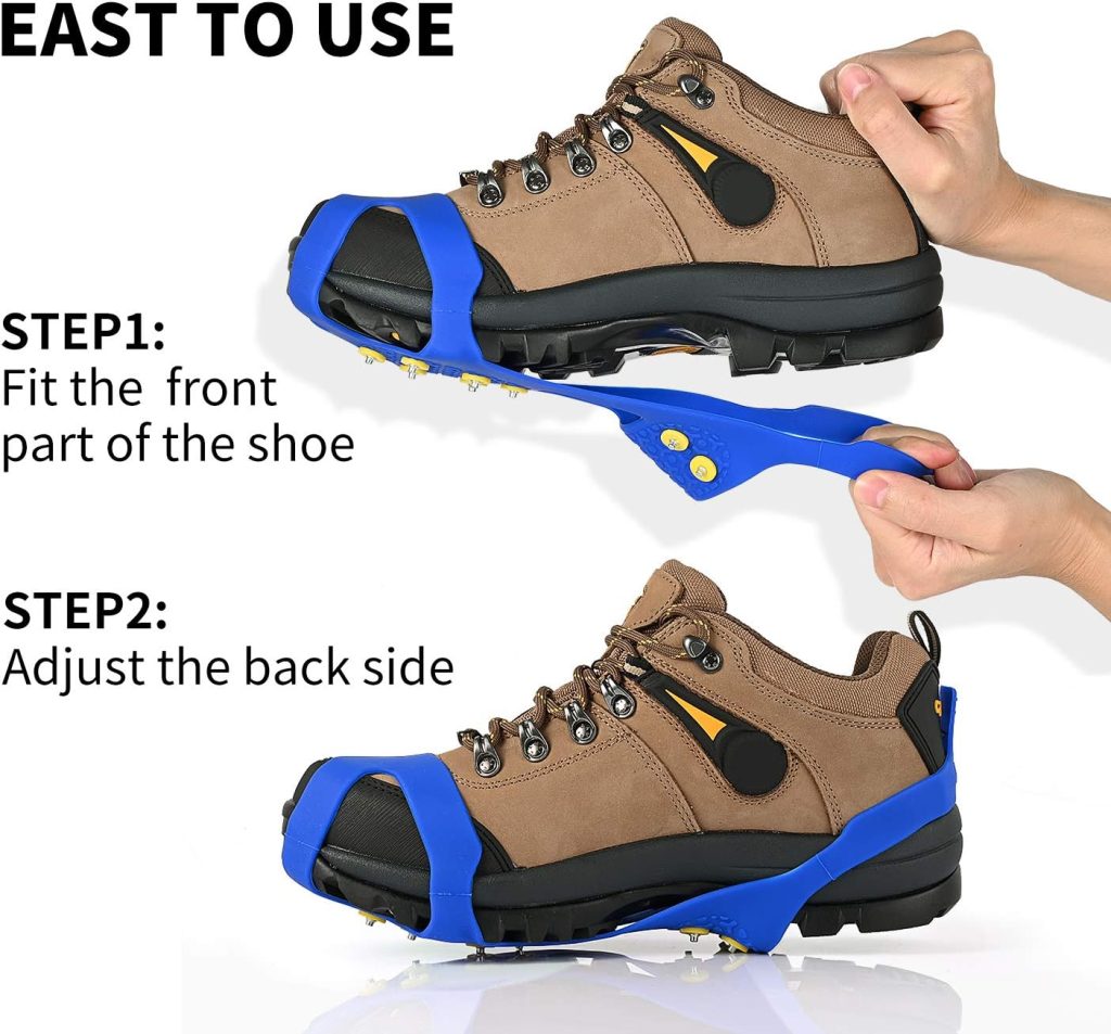 Ice Cleats, Ice Grips Traction Cleats Grippers Non-Slip Over Shoe/Boot Rubber Spikes Crampons with 10 Steel Studs Crampons + 10 Extra Replacement Studs