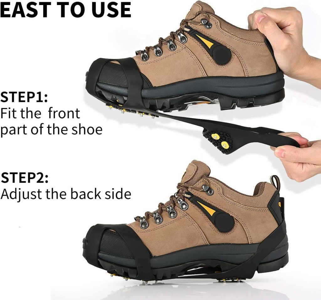 Ice Cleats, Ice Grips Traction Cleats Grippers Non-Slip Over Shoe/Boot Rubber Spikes Crampons with 10 Steel Studs Crampons + 10 Extra Replacement Studs