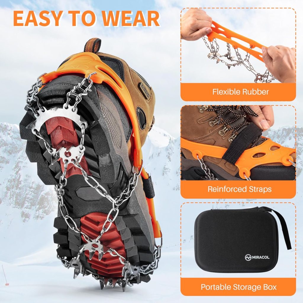 Ice Cleats Hiking Boots Crampons - Miracol Anti Slip Snow Crampons for Shoes - 23 Spikes Traction Cleats for Hiking Walking Fishing