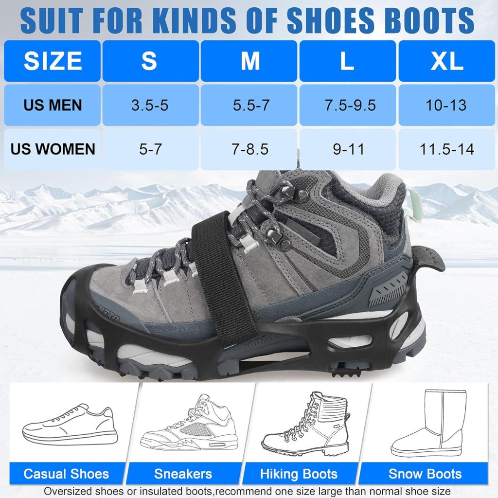 Ice Cleats, Crampons Snow Traction Ice Cleats for Shoes and Boots Women Men, Non Slip Grippers Spikes for Shoes with Straps, Slip-on Rubber Overshoe Stretch Footwear for Winter Walking Hiking Fishing Ice Cleats, Crampons Snow Traction Ice Cleats for Shoes and Boots Women Men, Non Slip Grippers Spikes for Shoes with Straps, Slip-on Rubber Overshoe Stretch Footwear for Winter Walking Hiking Fishing