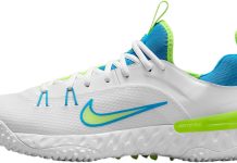 Nike Huarache 9 Elite TF LAX SE Lacrosse Shoes (FV6148-100, White/White/Volt/Vivid Blue) Size 12