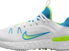 Nike Huarache 9 Elite TF LAX SE Lacrosse Shoes (FV6148-100, White/White/Volt/Vivid Blue) Size 12