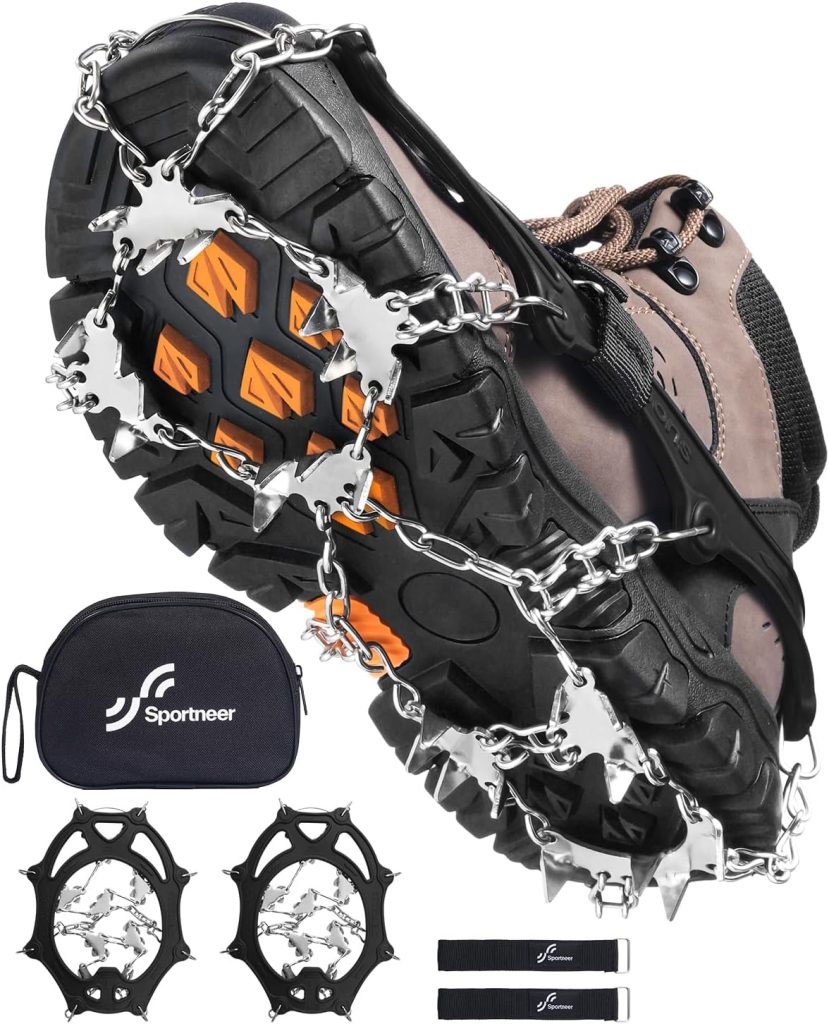 Sportneer Crampons: Ice Cleats for Shoes and Boots with 28 Spikes - Traction Slip-on Stretch Footwear for Walking and Shoveling on Ice and Snow Sportneer Crampons: Ice Cleats for Shoes and Boots with 28 Spikes - Traction Slip-on Stretch Footwear for Walking and Shoveling on Ice and Snow