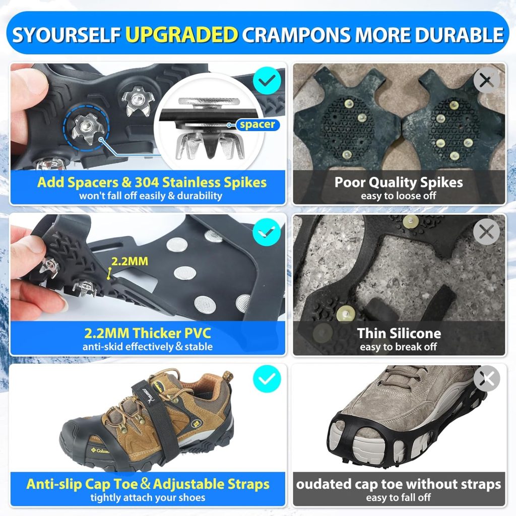 SYOURSELF Ice Cleats, Crampons Ice Cleats for Shoes and Boots Women Men Kids, Non Slip Grippers Spikes for Shoes with Straps, Ice Traction Cleats for Snow and Ice, Hiking, Walking, Fishing, Climbing SYOURSELF Ice Cleats, Crampons Ice Cleats for Shoes and Boots Women Men Kids, Non Slip Grippers Spikes for Shoes with Straps, Ice Traction Cleats for Snow and Ice, Hiking, Walking, Fishing, Climbing