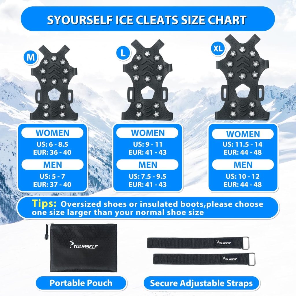 SYOURSELF Ice Cleats, Crampons Ice Cleats for Shoes and Boots Women Men Kids, Non Slip Grippers Spikes for Shoes with Straps, Ice Traction Cleats for Snow and Ice, Hiking, Walking, Fishing, Climbing SYOURSELF Ice Cleats, Crampons Ice Cleats for Shoes and Boots Women Men Kids, Non Slip Grippers Spikes for Shoes with Straps, Ice Traction Cleats for Snow and Ice, Hiking, Walking, Fishing, Climbing