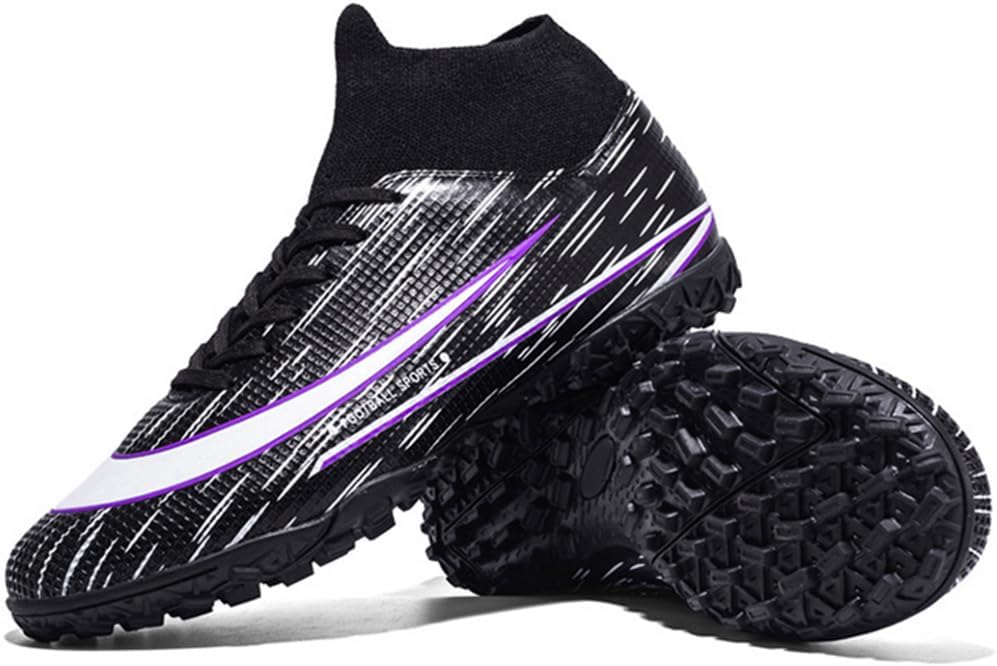UYO Mens Soccer Shoes with Non-Slip Spikes High-Tops Lace-Up Indoor Futsal TF Turf Cleats Sneaker Black EU 44 US 10.5